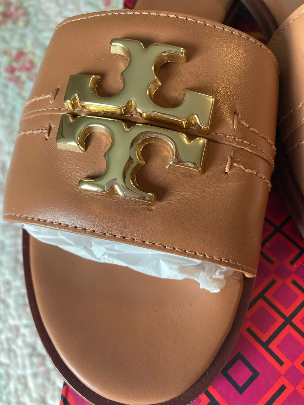 Tory Burch Cognac Leather Slide Sandals with Gold Logo